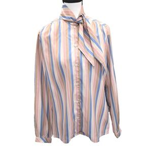70s Vintage ILGWU Shirt Womens 12 Pastel Striped Secretary Blouse‎ Tie Neck USA